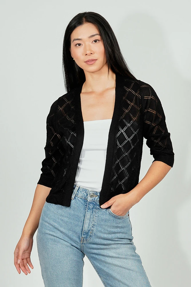 Beechers Brook Diamond Knit 3/4 Sleeve Open Cardigan