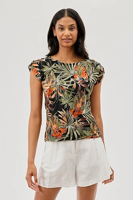 Beechers Brook Tropical Print Cap Sleeve Back Slit Tee - Black