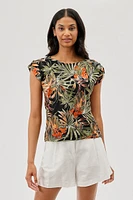 Beechers Brook Tropical Print Cap Sleeve Back Slit Tee - Black