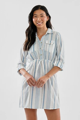 Beechers Brook Striped Roll Up Sleeve Flap Pocket Day Dress