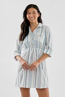 Beechers Brook Striped Roll Up Sleeve Flap Pocket Day Dress