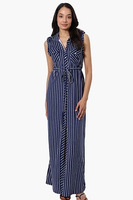 International INC Company Striped Belted Button Down Maxi Dress