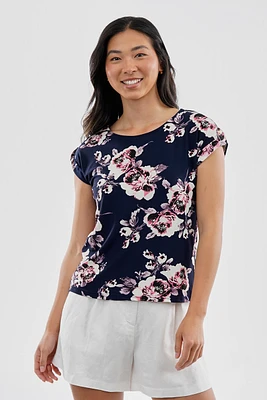International INC Company Floral Cap Sleeve Back Slit Tee - Navy