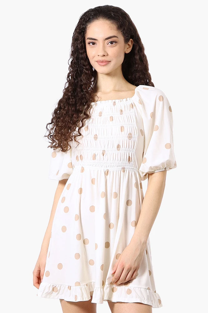 Beechers Brook Dotted Puff Sleeve Smocked Day Dress