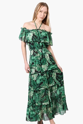 Costa Blanca Leaf Pattern Halter Strap Tiered Maxi Dress