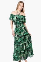 Costa Blanca Leaf Pattern Halter Strap Tiered Maxi Dress