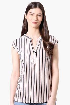 International INC Company Striped Cap Sleeve Henley Shirt - Cream