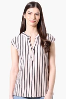 International INC Company Striped Cap Sleeve Henley Shirt - Cream