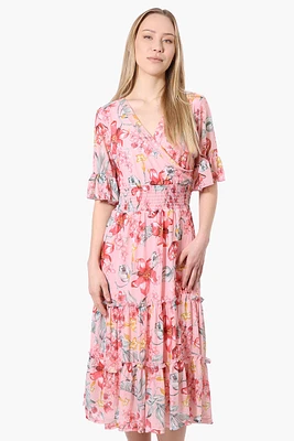 Costa Blanca Floral Crossover Tiered Midi Dress