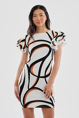 Costa Blanca Patterned Flutter Sleeve Scuba Day Dress - White