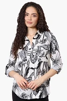 Beechers Brook Leaf Pattern Roll Up Sleeve Blouse