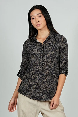 Beechers Brook Floral Button Down Roll Up Sleeve Blouse - Black