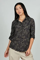 Beechers Brook Floral Button Down Roll Up Sleeve Blouse - Black