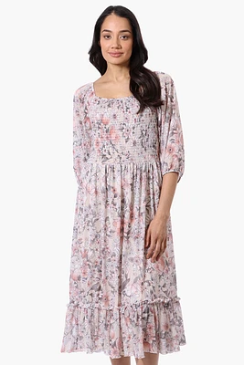Costa Blanca Floral Tiered Sheer Sleeve Midi Dress - Cream