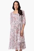 Costa Blanca Floral Tiered Sheer Sleeve Midi Dress - Cream