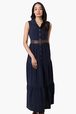 International INC Company Belted Button Down Tiered Maxi Dress