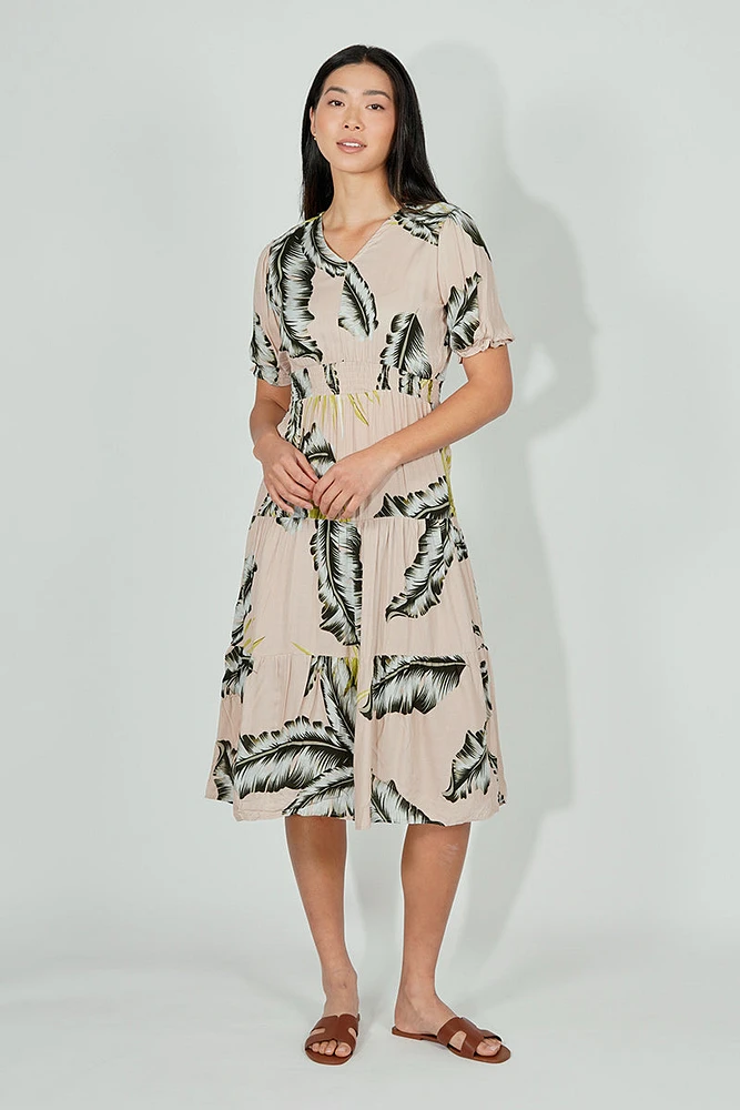 Limite Leaf Print Smocked Tiered Maxi Dress - Beige