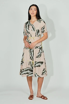 Limite Leaf Print Smocked Tiered Maxi Dress - Beige