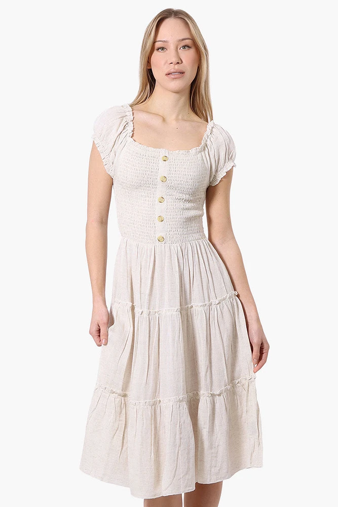 Impress Square Neck Smocked Day Dress - Beige