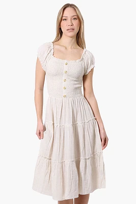 Impress Square Neck Smocked Day Dress - Beige
