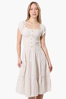 Impress Square Neck Smocked Day Dress - Beige