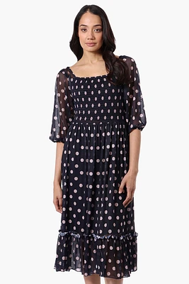 Costa Blanca Polka Dot Tiered Sheer Sleeve Midi Dress - Navy