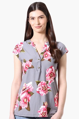 International INC Company Floral Cap Sleeve Henley Shirt