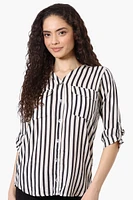 Beechers Brook Striped Roll Up Sleeve Blouse - White