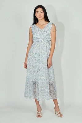 Limite Floral Smocked Shoulder Tie Maxi Dress - Blue