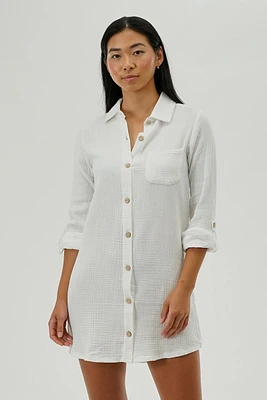 Impress Button Up Day Dress - White