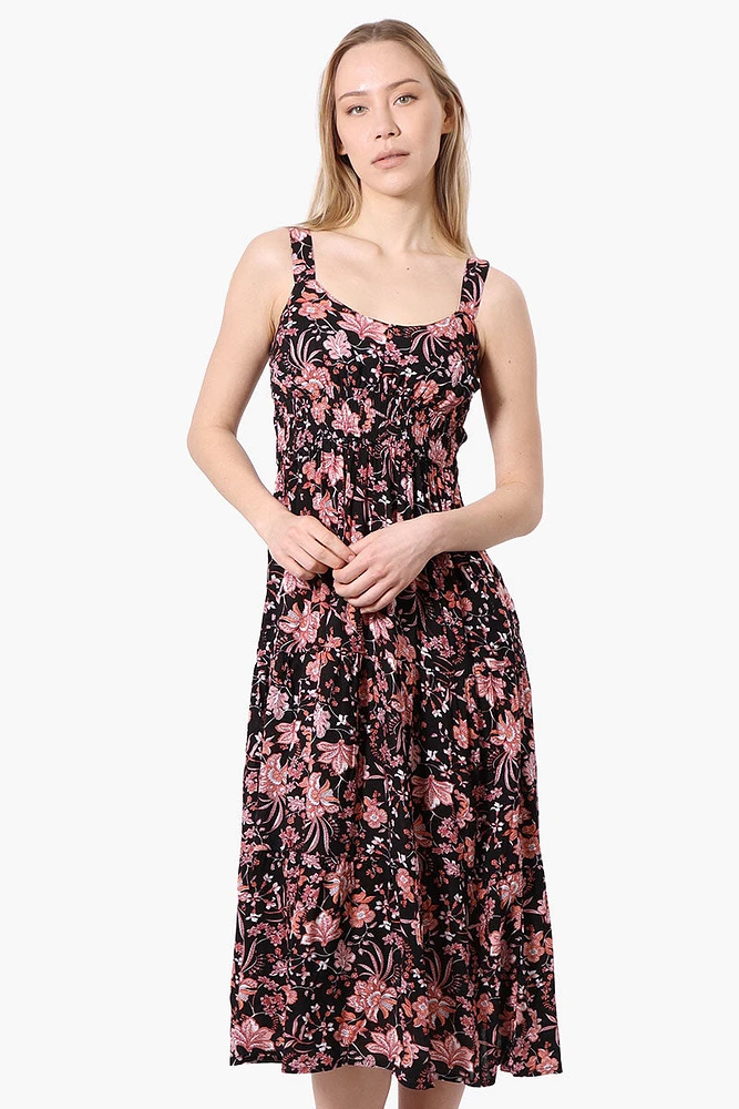 Limite Floral Smocked Waist Midi Dress - Black