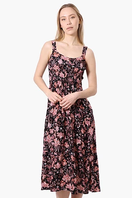 Limite Floral Smocked Waist Midi Dress - Black