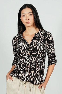 Beechers Brook Patterned Roll Up Sleeve Henley Blouse - Black
