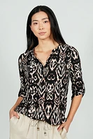 Beechers Brook Patterned Roll Up Sleeve Henley Blouse - Black