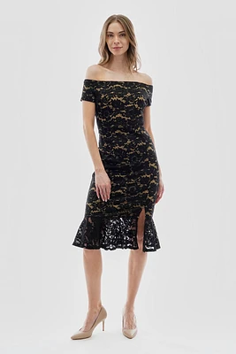 Costa Blanca Lace Off Shoulder Side Slit Cocktail Dress
