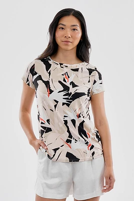 Beechers Brook Feather Print Grommet Neck Detail Tee - Black