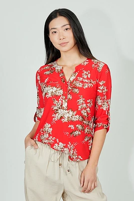 Beechers Brook Floral Roll Up Sleeve Henley Blouse - Red