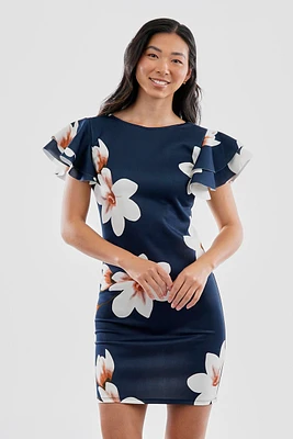 Costa Blanca Floral Flutter Sleeve Scuba Day Dress