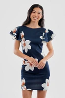 Costa Blanca Floral Flutter Sleeve Scuba Day Dress