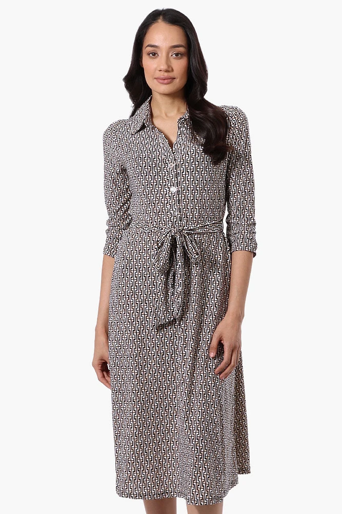 Beechers Brook Patterned Belted 3/4 Sleeve Midi Dress