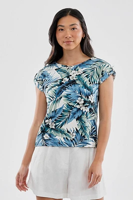 International INC Company Leaf Print Cap Sleeve Back Slit Tee - Green