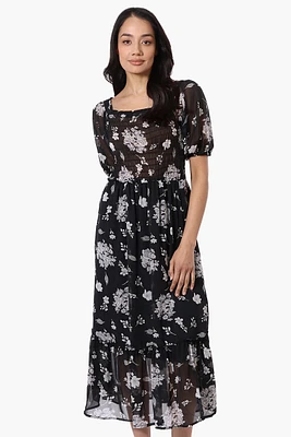 Limite Floral Smocked Square Neck Maxi Dress - Black
