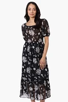 Limite Floral Smocked Square Neck Maxi Dress - Black
