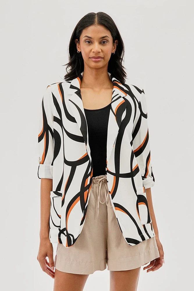 Costa Blanca Patterned Roll Up Sleeve Open Blazer - White