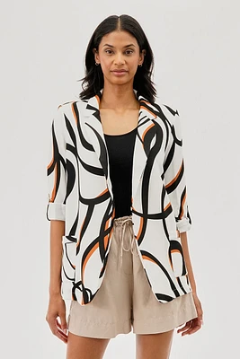 Costa Blanca Patterned Roll Up Sleeve Open Blazer - White