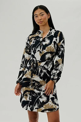 International INC Company Leaf Print Long Sleeve Day Dress - Black