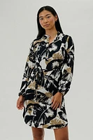 International INC Company Leaf Print Long Sleeve Day Dress - Black