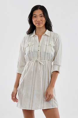 Beechers Brook Striped Roll Up Sleeve Flap Pocket Day Dress