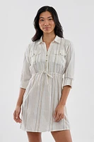 Beechers Brook Striped Roll Up Sleeve Flap Pocket Day Dress