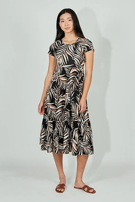 Beechers Brook Leaf Print Short Sleeve Tiered Midi Dress - Black